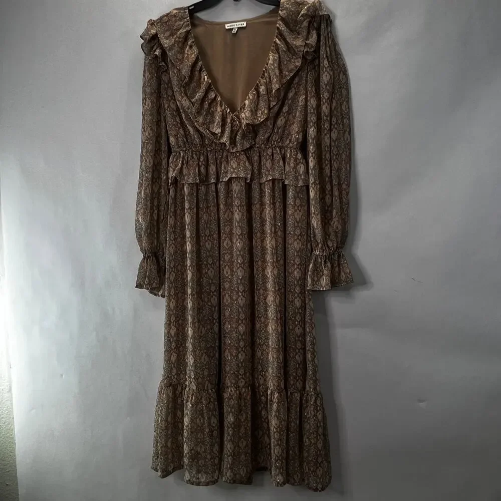Moon River Cottegecore Ruffle Sleeve Maxi Dress Cinched Waist Neutral Size M - Picture 1 of 8